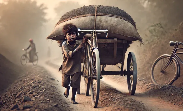 DALL·E-2024-10-28-14.24.18-A-realistic-and-poignant-image-of-a-young-child-in-rural-India-pulling-a-bicycle-loaded-with-a-heavy-sack-of-coal-on-the-rear-carrier.-The-childs-fac-770x470.webp